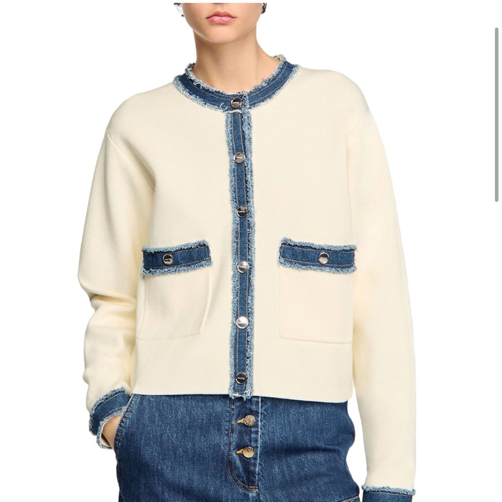 Sandro Cream and Blue Trim Boxy Cardigan